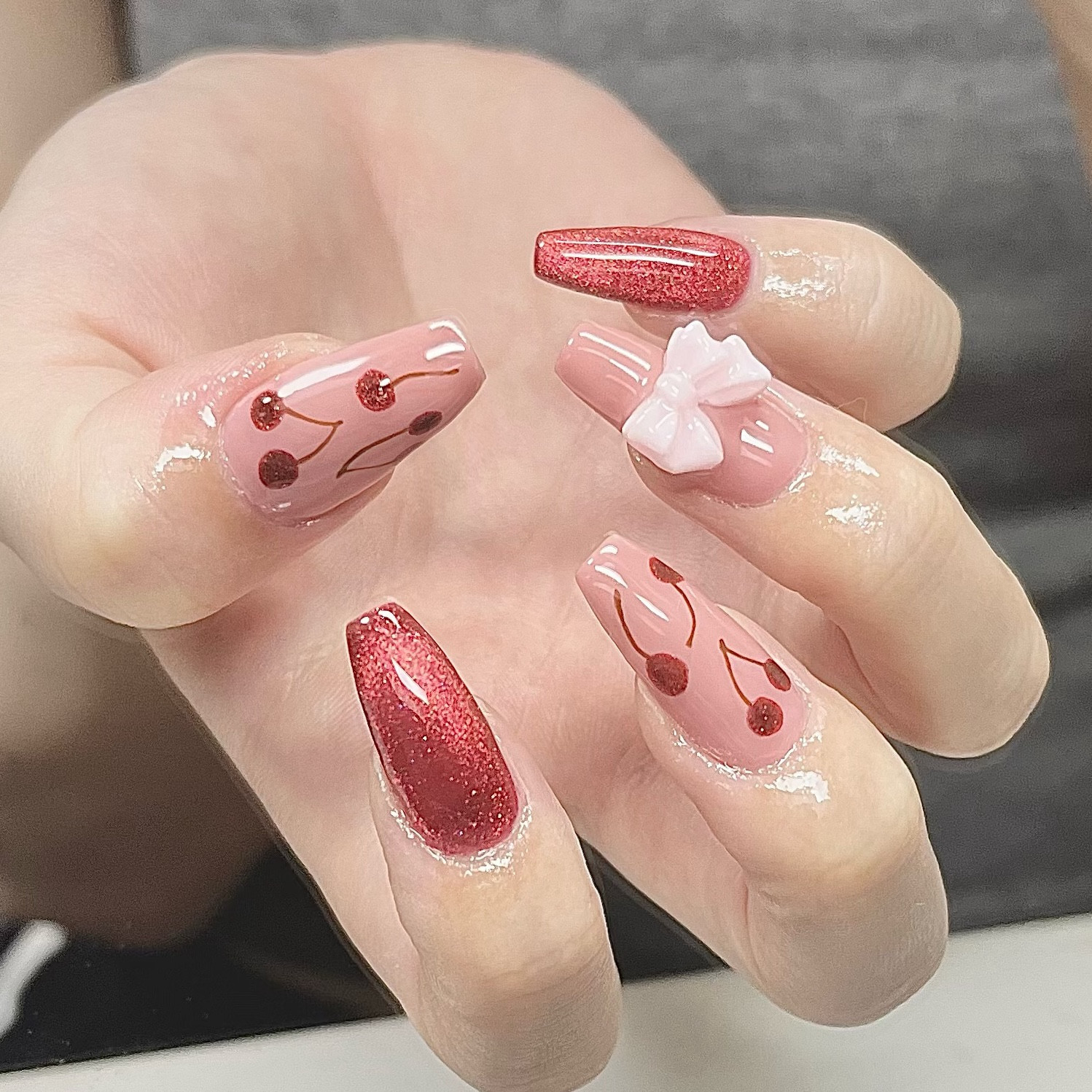 リボン クリスマス ピンク ツリー ネイルチップ フレンチガーリー no.032