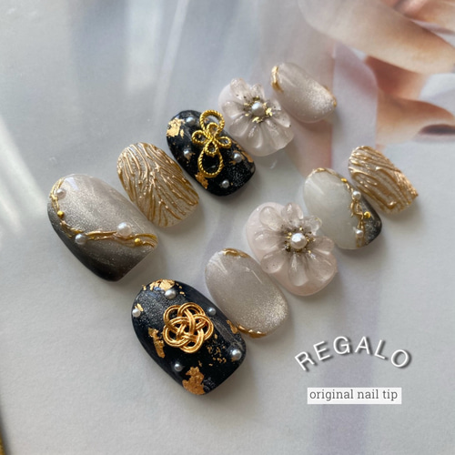 No.⑧⑦カラー変更ok!ブラック ホワイト お花ネイル 成人式 黒 卒業式