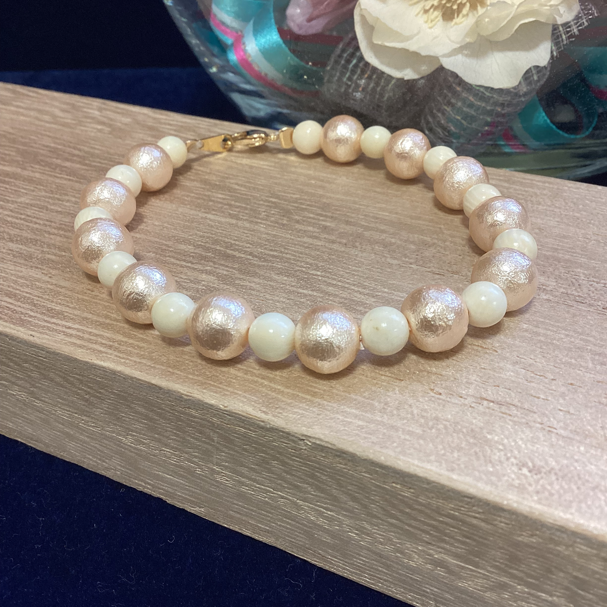 ☆本象牙丸玉＆コットンパールブレスレット　※A-41