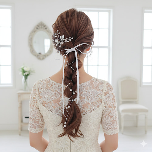 グレー】パール ＆ サテンリボン の ポニーフック / ヘアアクセサリー