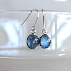 [數量有限] 瑪瑙 x 拉長石 x 水晶三重凸圓形寶石醫用不鏽鋼鉤形耳環 第6張的照片