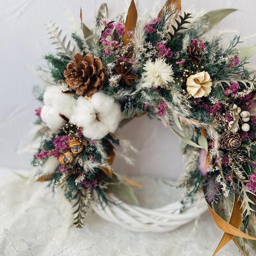 パンパスグラスリース ふわふわパンパスグラスとオシャレクリスマスリース プリザーブド