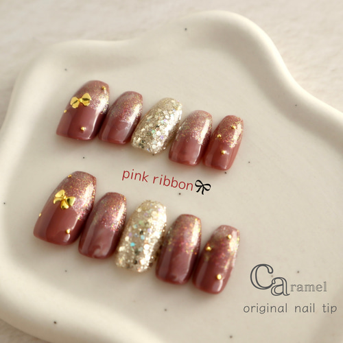 No.62 リボン ラメグラデーション 深みピンク 可愛いネイルチップ  