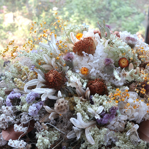 75cm) ＊特大＊紫陽花とワイルドフラワーの秋の淡いボリュームスワッグ