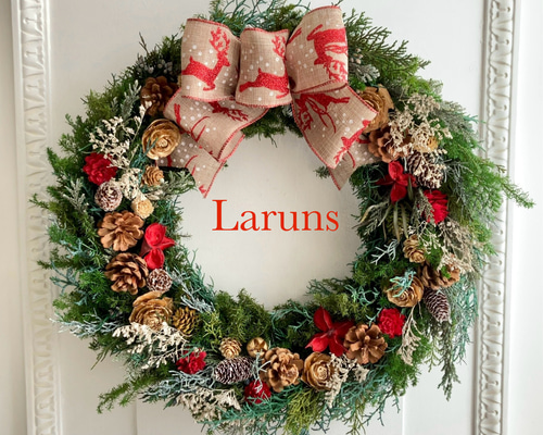 森のリース 赤のトナカイのクリスマスリース特大40㎝直径 木の実