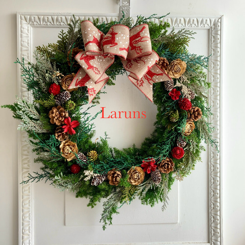 森のリース 赤のトナカイのクリスマスリース特大40㎝直径 木の実