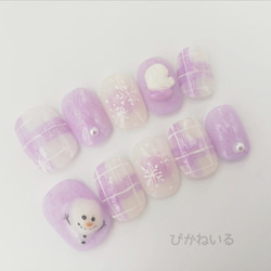 冬デザイン♪紫,ブランケット風チェック柄,溶けかけ雪だるまネイル