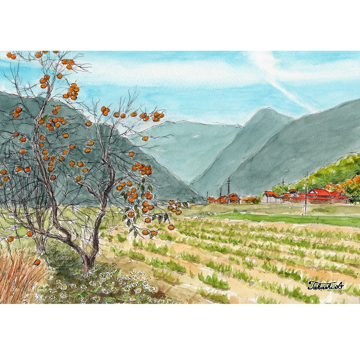水彩画「秋の里山」