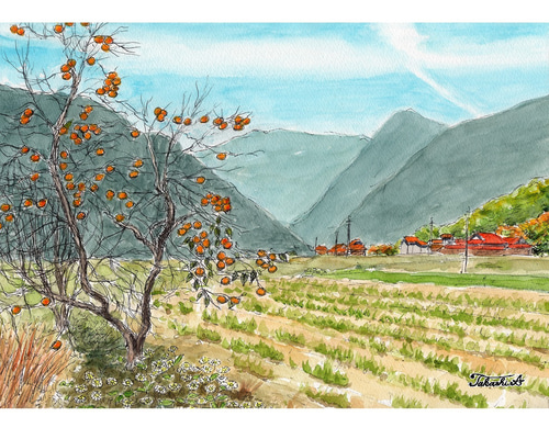 水彩画「秋の里山」