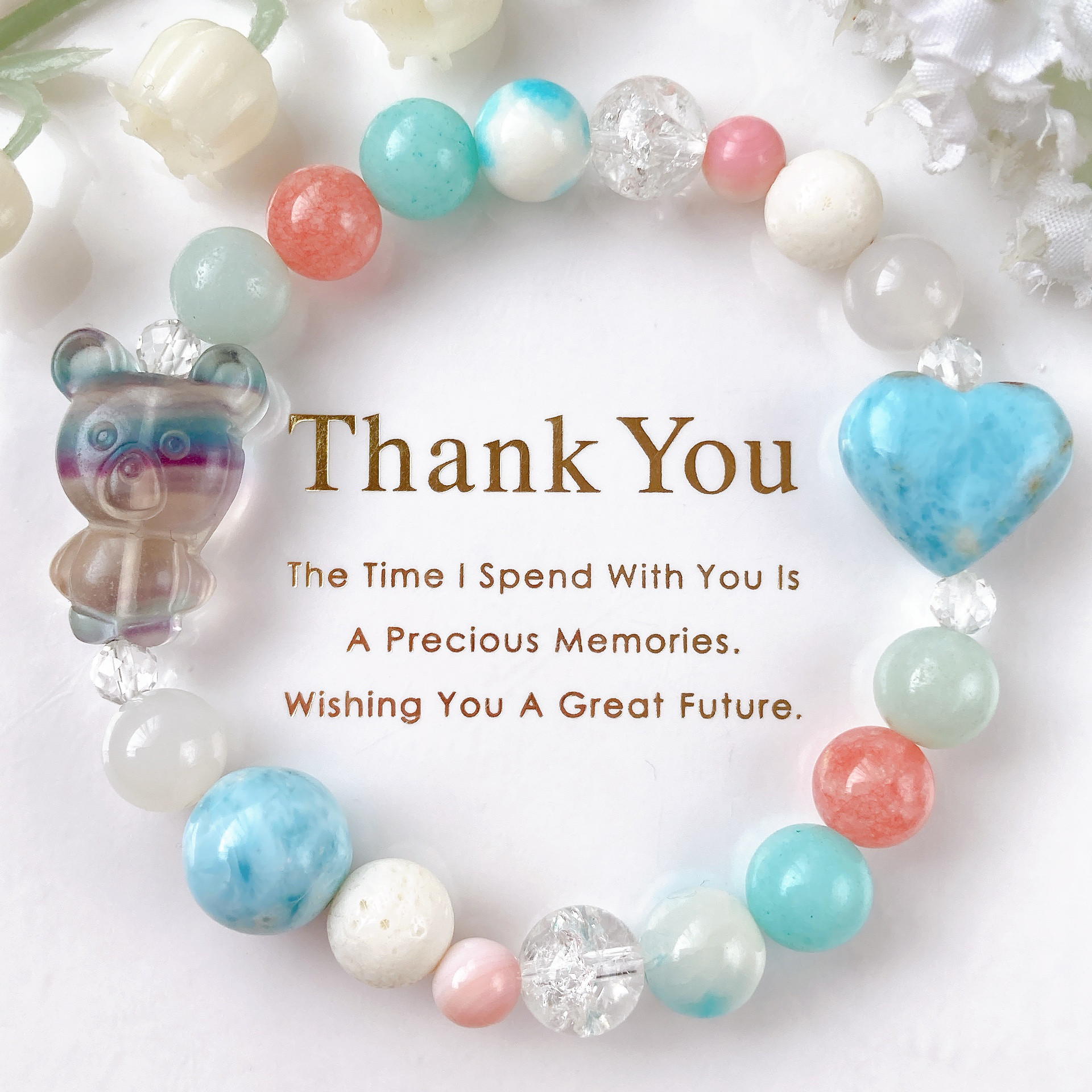 フローライトくまちゃんお花ラリマーハート天然石ブレスレット