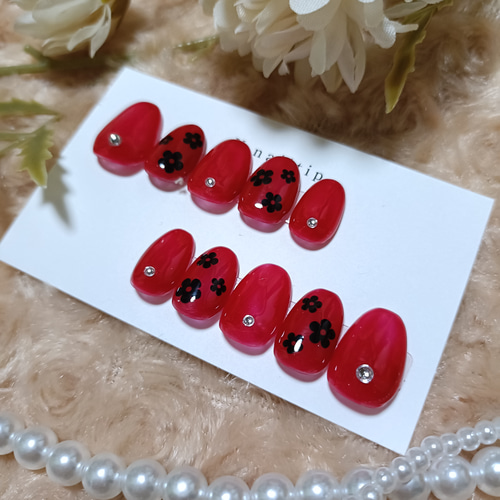 現品販売】赤×花柄×ストーン【ネイルチップ】 ネイルチップ（つけ爪