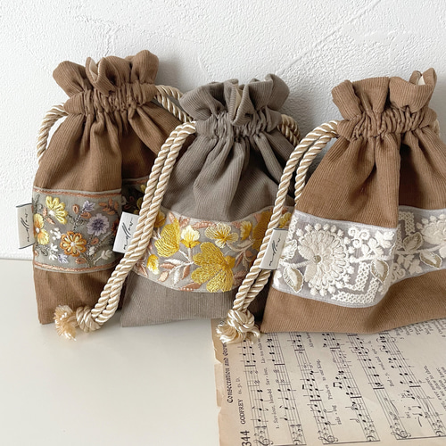 インド刺繍リボン巾着ポーチ コーデュロイ 巾着袋 mellow 通販