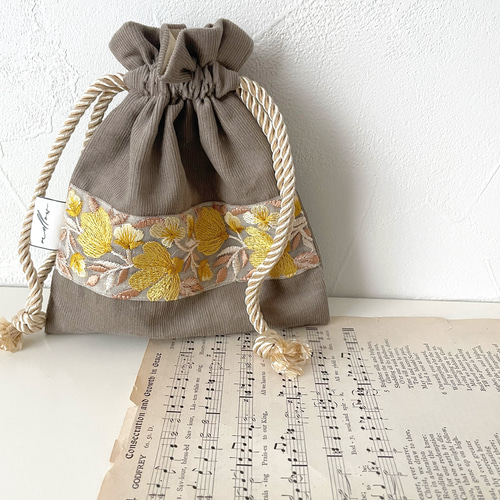 インド刺繍リボン巾着ポーチ コーデュロイ 巾着袋 mellow 通販