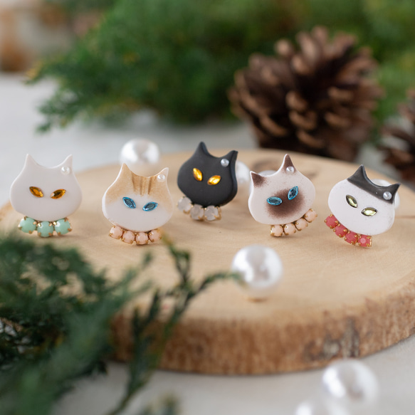 【禮品盒】耳針 / 耳夾 貓咪的選擇 珍珠 軟陶耳環 第10張的照片