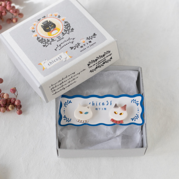 【禮品盒】耳針 / 耳夾 貓咪的選擇 珍珠 軟陶耳環 第12張的照片