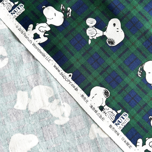 オックス生地『スヌーピー／タータンチェック／緑』110cm巾×50cm 生地