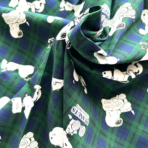 オックス生地『スヌーピー／タータンチェック／緑』110cm巾×50cm 生地