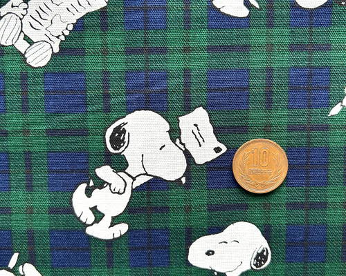 オックス生地『スヌーピー／タータンチェック／緑』110cm巾×50cm 生地