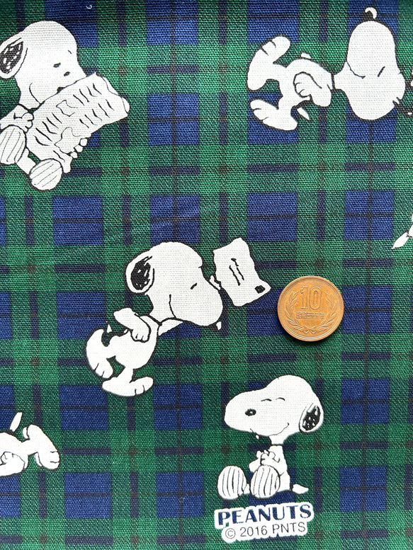 オックス生地『スヌーピー／タータンチェック／緑』110cm巾×50cm 生地