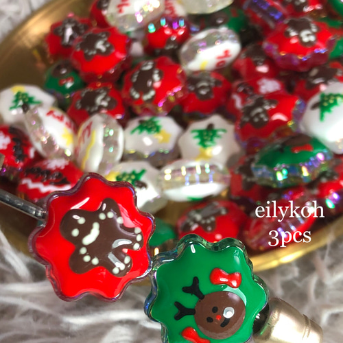 カスタムボールペン対応 3個/クリスマス 手書き イラストデコビーズ