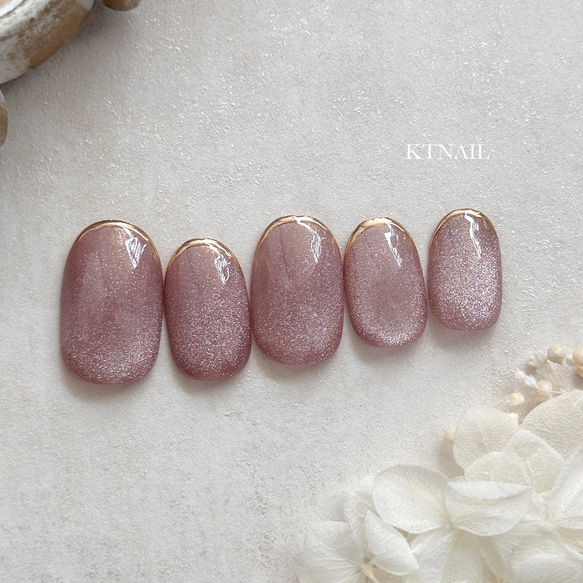 シンプルくすみピンクマグネットネイル/ミラーネイル/ミラーフレンチ