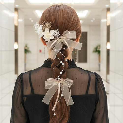 モカ】パール ＆ サテンリボン の ポニーフック / ヘアアクセサリー