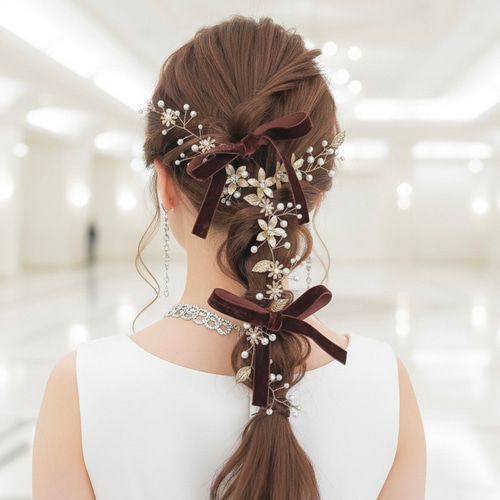 モカ】パール ＆ サテンリボン の ポニーフック / ヘアアクセサリー