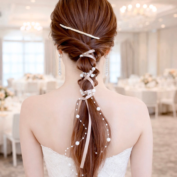 モカ】パール ＆ サテンリボン の ポニーフック / ヘアアクセサリー