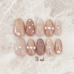 ピンクブラウン×グレージュ×ゴールド♡ ハートホロ レトロネイル