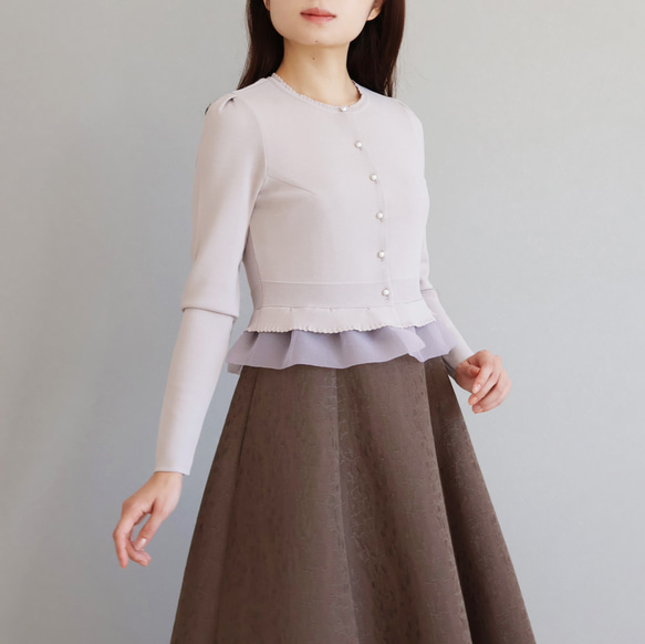 ふくれオーガンジー使い 長袖カーディガン【アプリコットピンク】 2枚目の画像