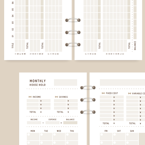 バイブル6穴】家計簿リフィルセット1年分/ベージュ/スモーキー/年間