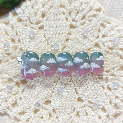 片手】夕暮れ / 空 テクスチャーアート 天体観測 夜空 蝶々 雲 ブルー  