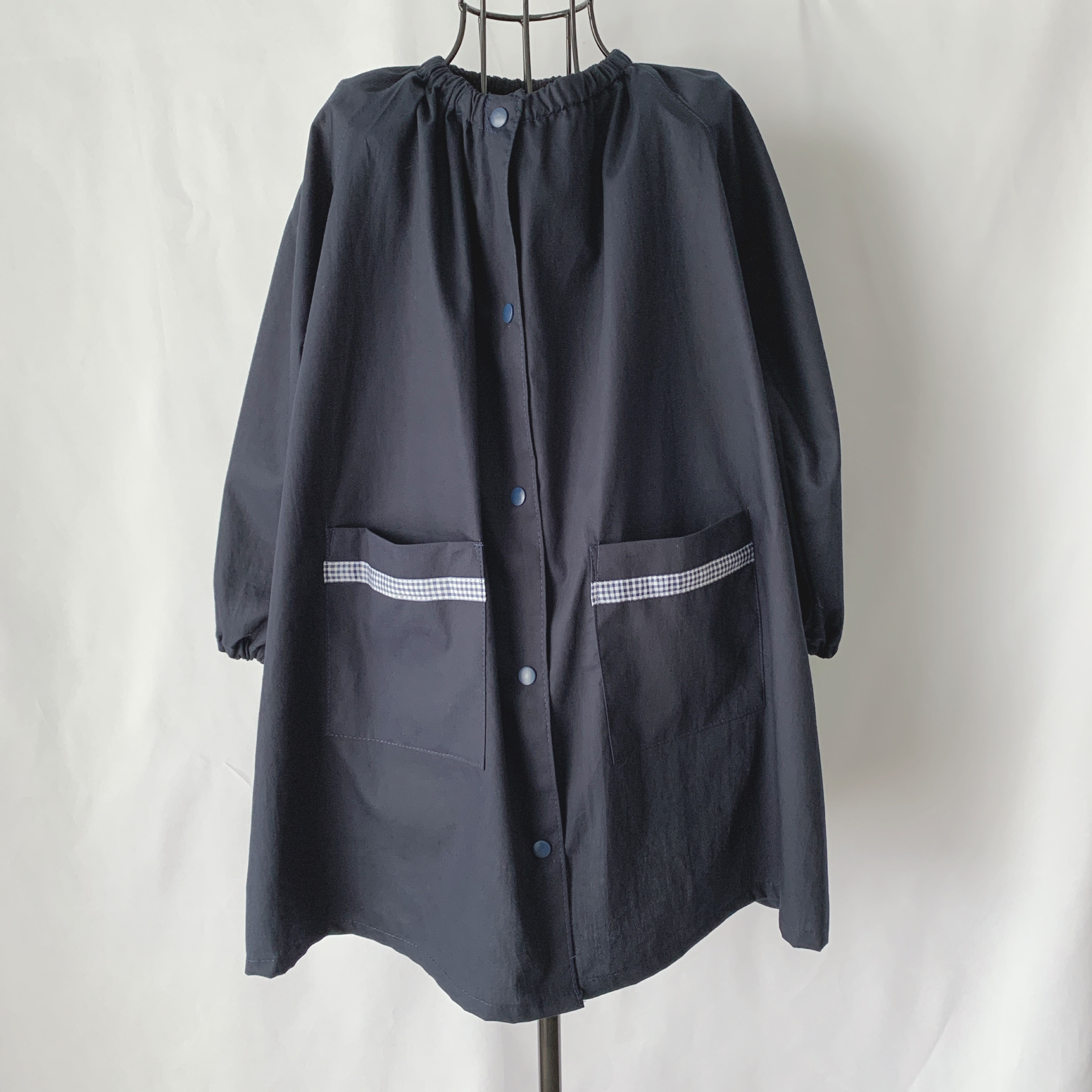 前あきスモック　　紺×ギンガムライン　100〜160