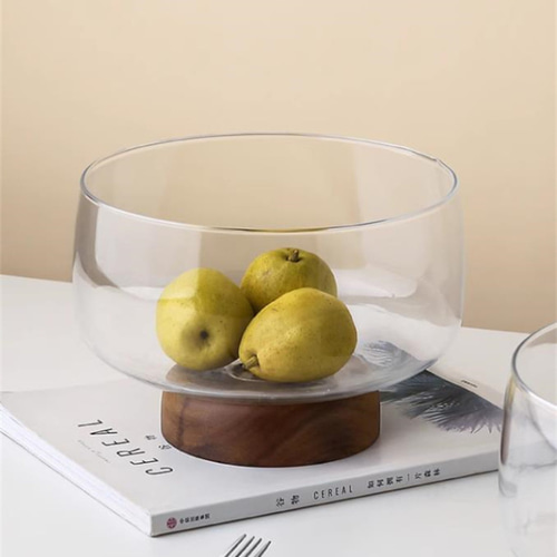 ガラス大鉢 高台木製 使い方色々 シンプルインテリア お椀・ボウル・鉢