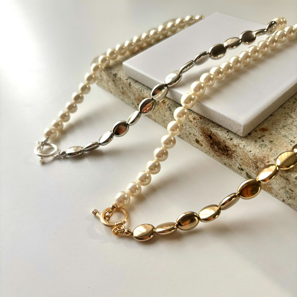 【2色展開】シンプルコーデに◎表情豊かな✴︎マンテルネックレス★*パール×メタル 1枚目の画像