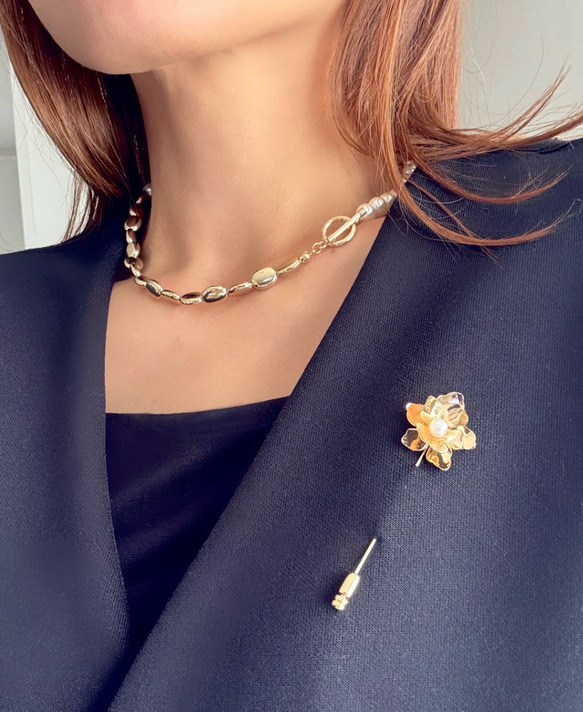 【2色展開】シンプルコーデに◎表情豊かな✴︎マンテルネックレス★*パール×メタル 10枚目の画像