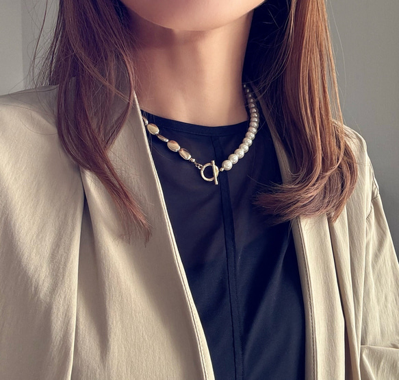【2色展開】シンプルコーデに◎表情豊かな✴︎マンテルネックレス★*パール×メタル 7枚目の画像