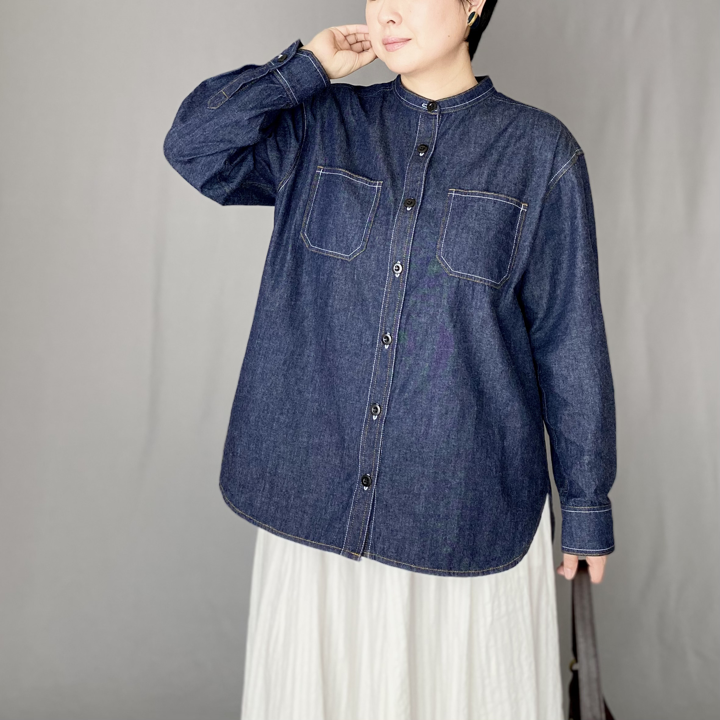 二色ステッチのデニムシャツ〈ネイビー〉フリーサイズ  ブラウス 大人 レディース 春夏 ユニセックス 男女兼用 アウター