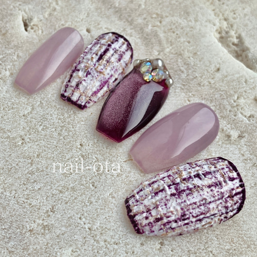 ネイルチップ ツイードネイル ブラック 紫 パープル 大人ネイル