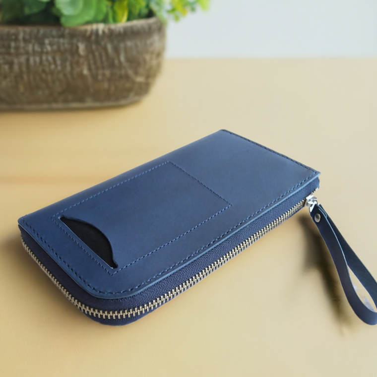 本革L字ファスナーロングウォレット　コバルト　外側カードスロット