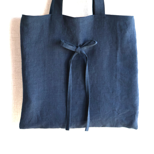 やわらかリネン リボンのスクエアトートバッグ ネイビー(A4サイズ・表
