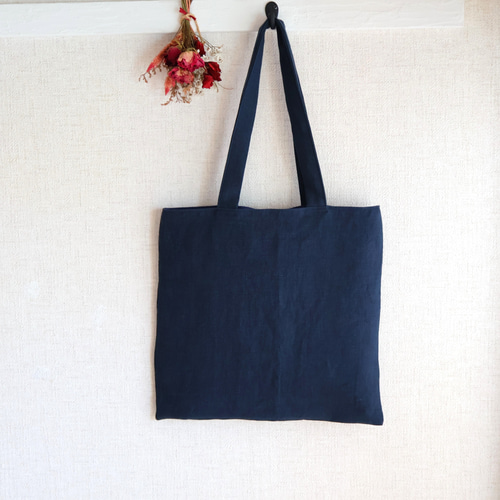 やわらかリネン リボンのスクエアトートバッグ ネイビー(A4サイズ・表