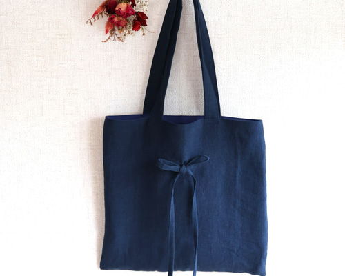 やわらかリネン リボンのスクエアトートバッグ ネイビー(A4サイズ・表