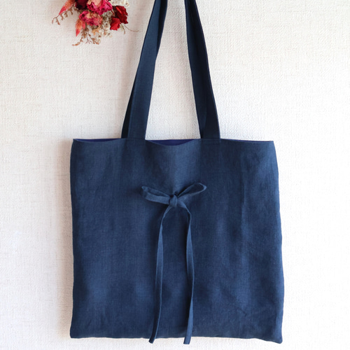 やわらかリネン リボンのスクエアトートバッグ ネイビー(A4サイズ・表