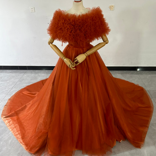 高品質！カラードレス オレンジ ソフトチュール オフショルダー ロング  