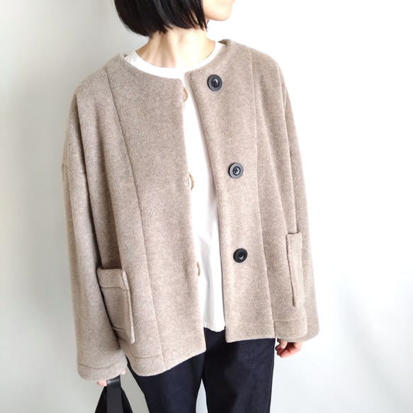 再販 × 38！ メルトンフリースのカーディ  温かくて軽くて洗える冬のはおり  杢ベージュ 7枚目の画像