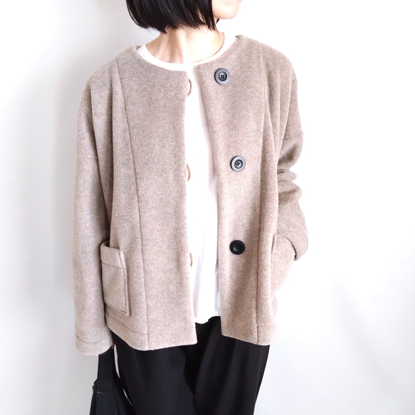 再販 × 38！ メルトンフリースのカーディ  温かくて軽くて洗える冬のはおり  杢ベージュ 8枚目の画像