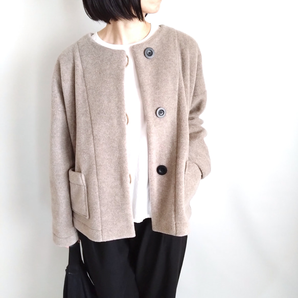 再販 × 38！ メルトンフリースのカーディ  温かくて軽くて洗える冬のはおり  杢ベージュ 3枚目の画像