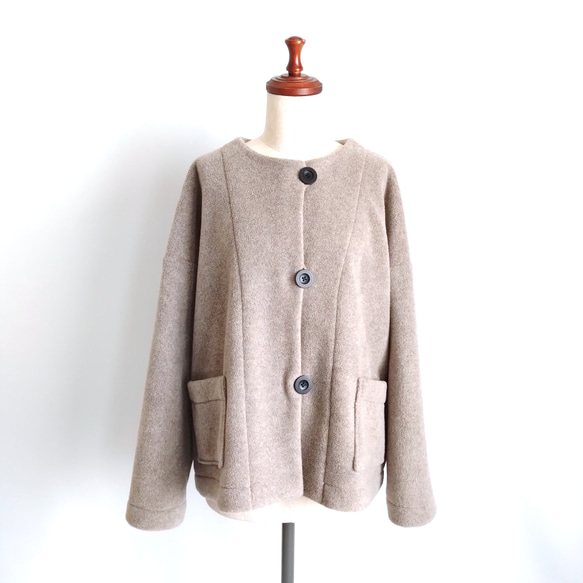 再販 × 38！ メルトンフリースのカーディ  温かくて軽くて洗える冬のはおり  杢ベージュ 9枚目の画像