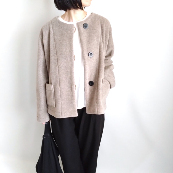 再販 × 38！ メルトンフリースのカーディ  温かくて軽くて洗える冬のはおり  杢ベージュ 2枚目の画像